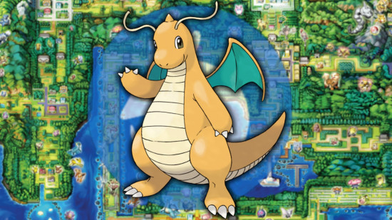 Dragon Pokemon weakness - Dragonite in front of the dragon type icon in front of a map of Kanto