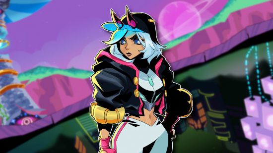 Elsie release date: Key art of Elsie, an android girl with blue hair, orange skin, and futuristic clothes with devil horns on her hat, outlined in white and pasted on a blurred key art bakcground