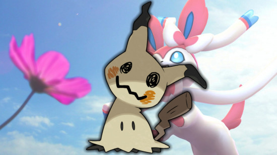 Fairy Pokemon Mimikyu in front of a picture of Sylveon