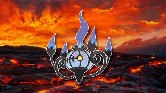 Fire Pokemon: Chandelure outlined in white and pasted with a drop shadow on a blurred magma field background