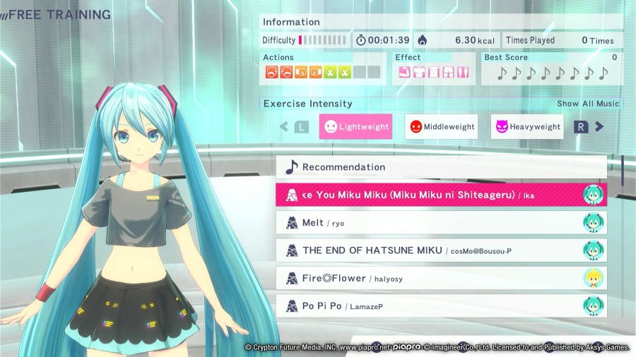 Fitness Boxing feat Hatsune Miku: A screenshot from the English version of the game showing off the song selection menu