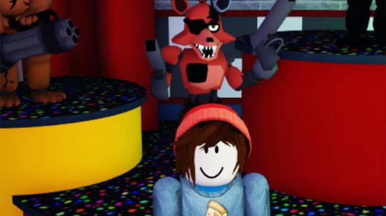 Five Nights TD codes - an avatar in a beanie stood in front of Foxy holding two pistols