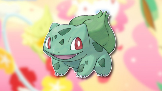 Flower Pokemon: Bulbasaur outlined in white and drop-shadowed on a blurred pink, yellow, and white background from the Pokemon Sleep flower festival