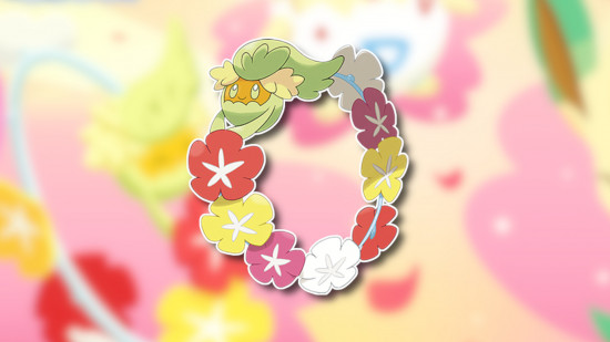 Flower Pokemon: Comfey outlined in white and drop-shadowed on a blurred pink, yellow, and white background from the Pokemon Sleep flower festival