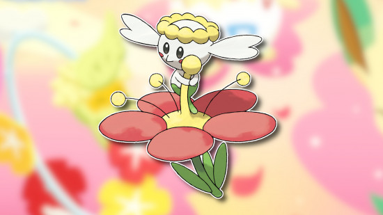 Flower Pokemon: Flabebe outlined in white and drop-shadowed on a blurred pink, yellow, and white background from the Pokemon Sleep flower festival