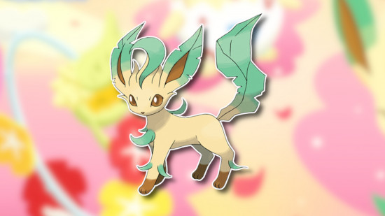 Flower Pokemon: Leafeon outlined in white and drop-shadowed on a blurred pink, yellow, and white background from the Pokemon Sleep flower festival