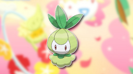 Flower Pokemon: Petilil outlined in white and drop-shadowed on a blurred pink, yellow, and white background from the Pokemon Sleep flower festival