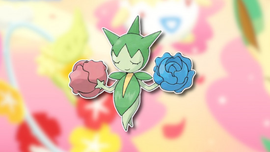 Flower Pokemon: Roselia outlined in white and drop-shadowed on a blurred pink, yellow, and white background from the Pokemon Sleep flower festival