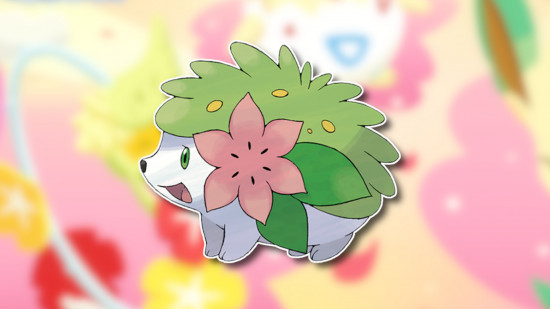 Flower Pokemon: Shaymin outlined in white and drop-shadowed on a blurred pink, yellow, and white background from the Pokemon Sleep flower festival