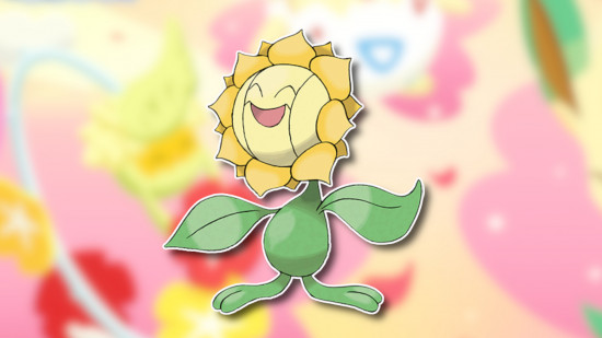 Flower Pokemon: Sunflora outlined in white and drop-shadowed on a blurred pink, yellow, and white background from the Pokemon Sleep flower festival