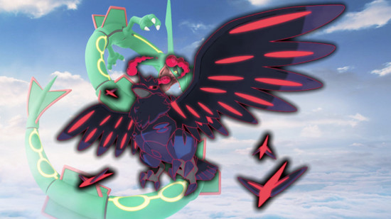 The flying Pokemon Corviknight in front of a picture of Rayquaza