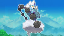 Flying Pokemon weakness - Thundurs with its arms crossed, floating in the air in front of a distant mountain
