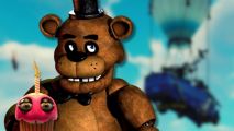 freddy fazbear from five nights at freddy's holds a fortnite cupcake with animatronic eyes against a battle bus background