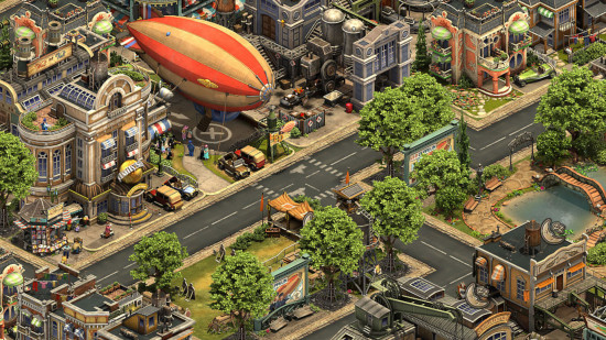 Custom image for Forge of Empires login guide with a city and blimp onscreen