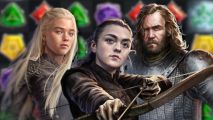 Game of Thrones: Legends guide: Arya Stark and two other characters drop shadowed and pasted on a blurred match-three grid from the game