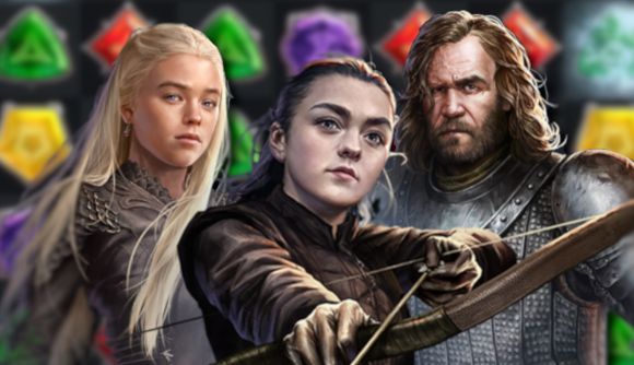 Game of Thrones: Legends guide: Arya Stark and two other characters drop shadowed and pasted on a blurred match-three grid from the game