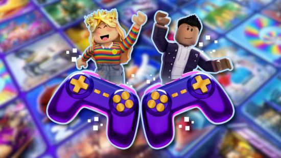 Gamefam Creator Fund: Two Roblox avatars smiling and jumping out from behind two purple and orange game controllers. This is pasted on a blurred grid image of Gamefam's Roblox games and events
