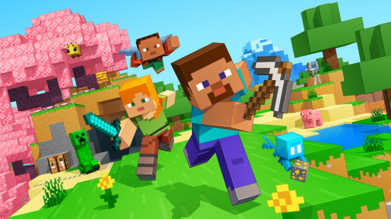 Games like Roblox: Minecraft's new key art featuring Steve and the ginger girl character running towards the camera in a vibrant grassy biome with a cherry blossom tree in the background. A character is also flying in the distance