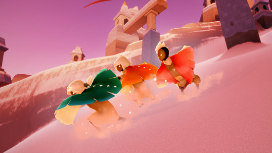 Games like Roblox: A screenshot of three Sky kids sliding down a hill together, holding hands