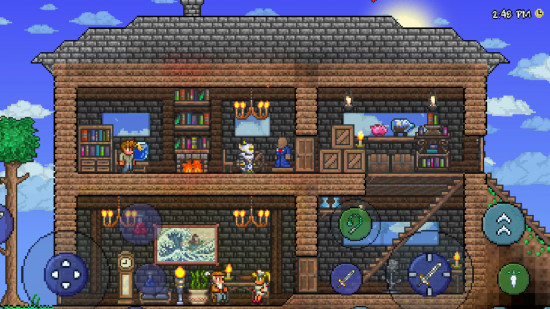 Games like Roblox: A Terraria screenshot of a busy wooden building cross-section