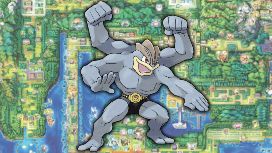 The Gen 1 Pokemon Machamp in front of a map of Kanto