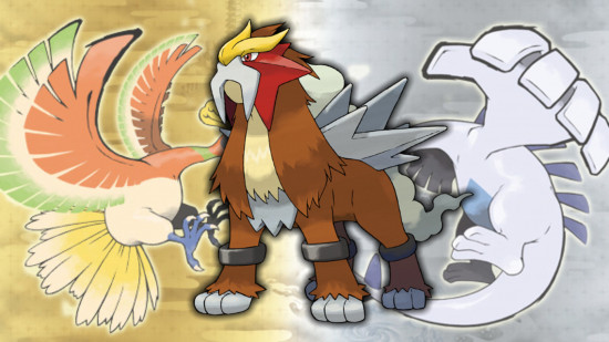 Gen 2 Pokemon Entei in front of key art of Ho-Oh and Lugia