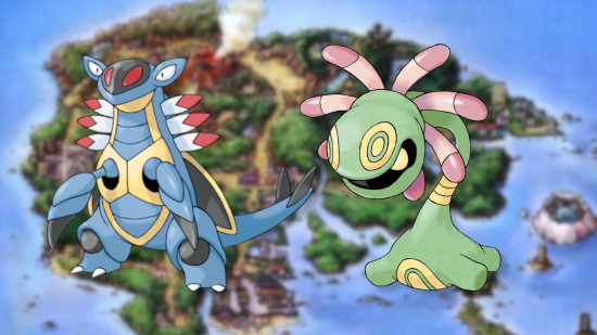 Gen 3 Pokemon Armaldo and Cradily in front of a map of hoenn