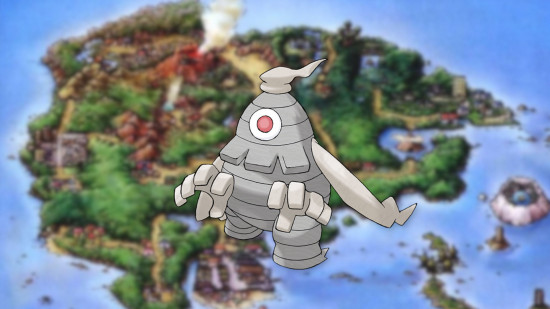Gen 3 Pokemon Dusclops in front of a map of Hoenn