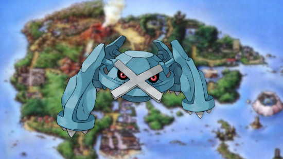 Gen 3 pokemon Metagross in front of a map of Hoenn