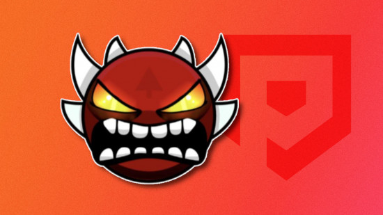 Geometry Dash Demon List: A GD red demon outlined in white and pasted on a red PT background