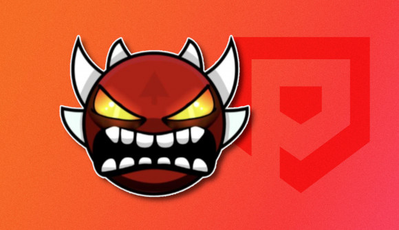 Geometry Dash Demon List: A GD red demon outlined in white and pasted on a red PT background