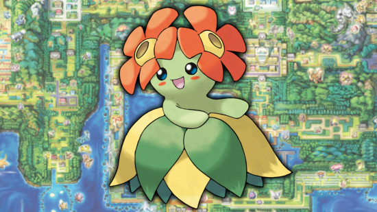 Gloom evolution Bellossom in front of a map of Kanto