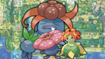 Gloom evolution - gloom, oddish, vileplume and bellossom in front of a map of Kanto