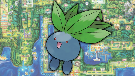 Gloom evolution - Oddish in front of a map of Kanto