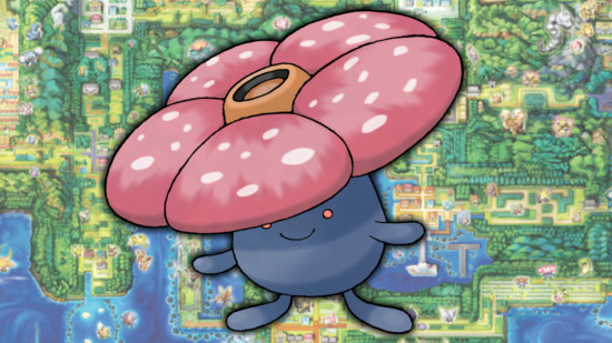 Gloom evolution Vileplume in front of a map of Kanto