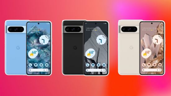 A red and pink gradient background with three Google Pixel 8 phones each outlined in white