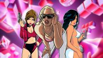 GTA The Trilogy Netflix downloads: The three cover girls of the games outlined in white and pasted on a blurred Netflix Games graphic with pink and red Twitch bits and Tetris blocks