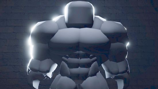 Gym League codes - a huge naked muscley avatar stood in front of a brick wall