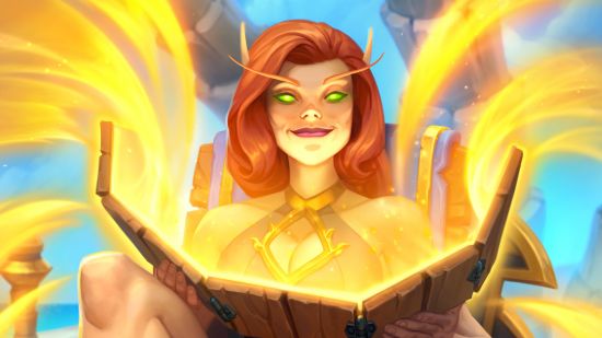 Hearthstone Perils in Paradise: A close-up of Sunsapper Lynessa's smug smiling face as she saps the sun using her mirror board