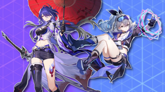 Honkai Star Rail M.RAGE collaboration: Acheron and Silver Wolf outlined in white and pasted on a purple to blue gradient with triangles on it