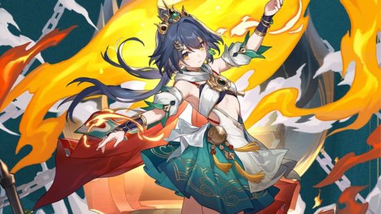 honkai star rail yunli's splash art showing her surrounded by flames