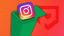 How to delete instagram comments: An image of a bin with the lid open and the instagram logo falling inside.