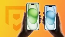 Custom image for iPhone 16 case leak news with two iPhones held aloft on a yellow background