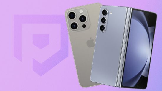 Custom image for iPhone foldable report news with an iPhone 15 and a Samsung Galaxy Z Fold 5 on a purple background