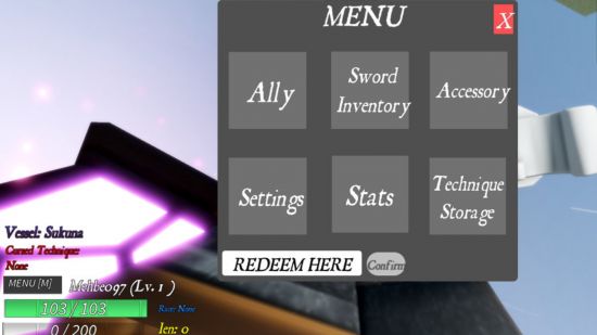 Jujutsu Legacy codes redemption screen in the options menu