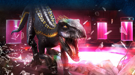 ジュラシック・ワールドのゲーム - 科学実験中のティラノサウルスが赤いライトに囲まれながらガラスを割っています。