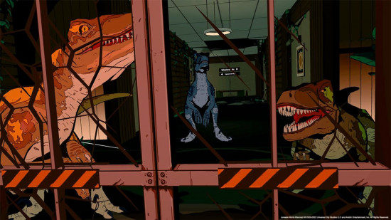 쥬라기 월드 게임 - 어두운 복도의 철창 뒤에 세 마리의 티렉스가 있는데, 모두 만화 같은 장면에서 서로 다른 색깔을 지녔습니다.