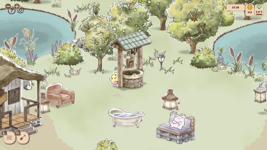 kamaeru frog refuge review - a screenshot showing the game on Switch with frogs using furniture