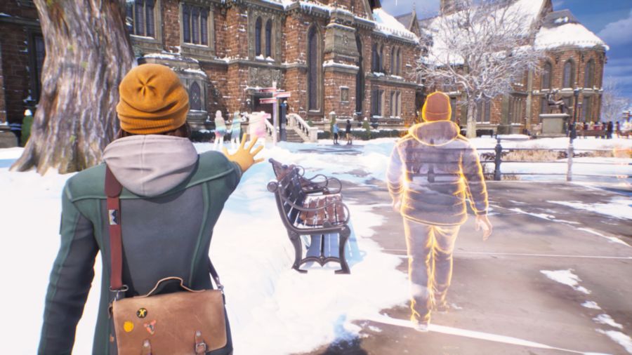Life is Strange: Double Exposure screenshot showing Max using her powers outside of a building in the snow