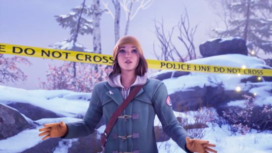 La vita è strana: doppia esposizione Chloe - Max stava nella neve davanti al nastro di avvertimento della polizia